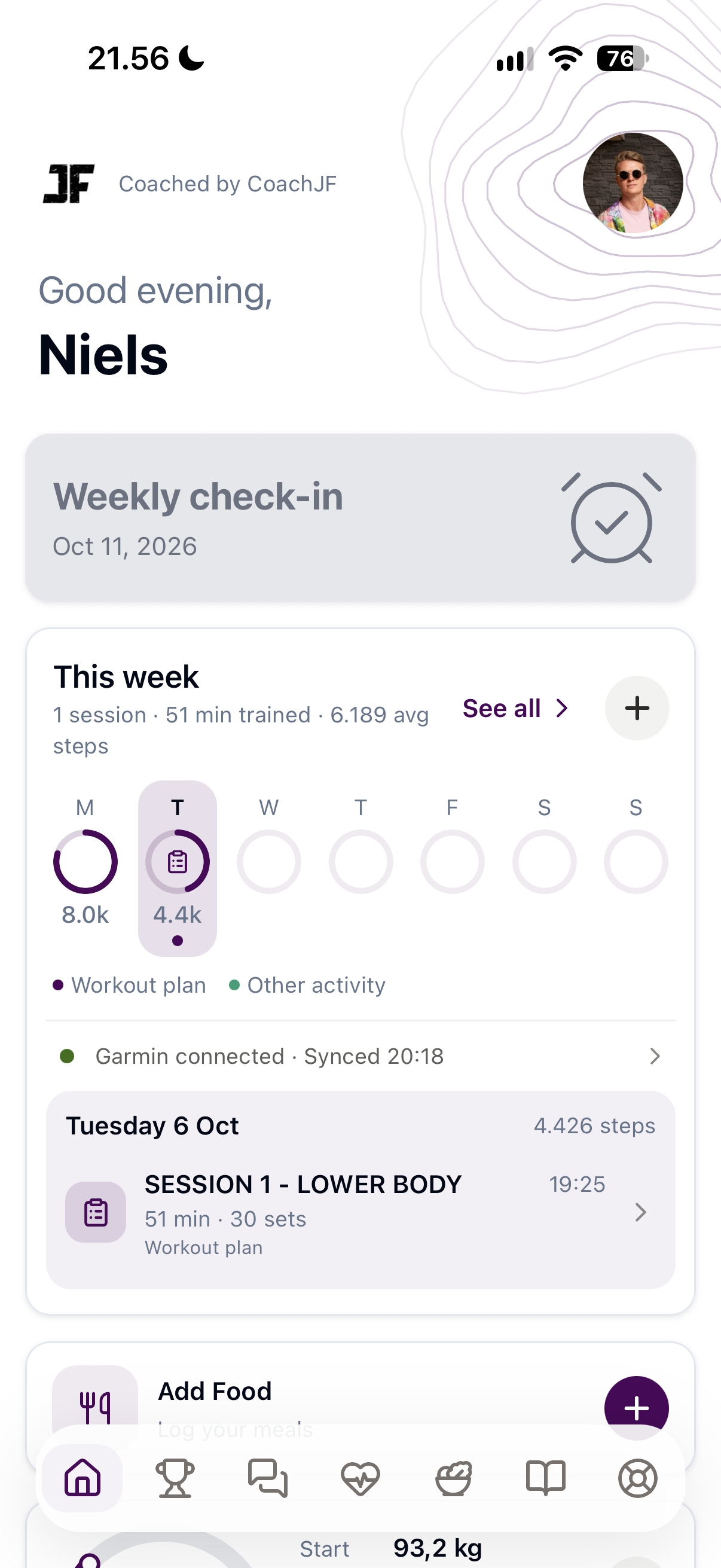 Zoe client home screen with weekly check-in, activity rings, Garmin sync, workout history and food logging.