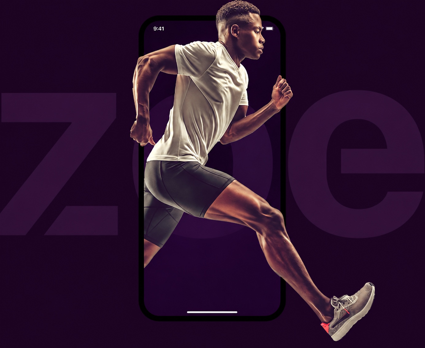 A runner stepping out of a Zoe phone screen.