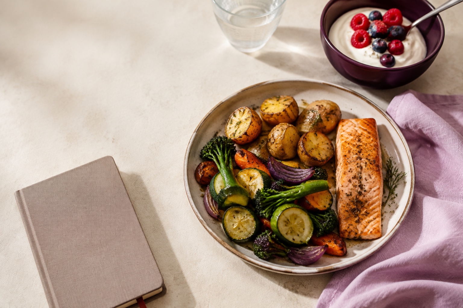 A balanced meal with salmon, vegetables and yoghurt with berries.